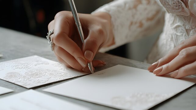 Bride writing a wedding invitation