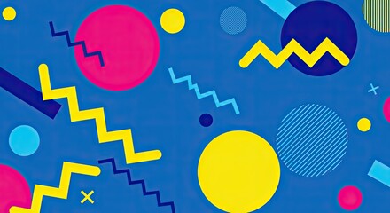 Memphis geometric pattern zigzags and circles bold primary colors quirky. 