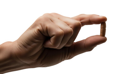 Fototapeta premium Close up of a human hand holding a small capsule between the thumb and index finger isolated on white background