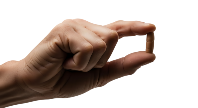 Close up of a human hand holding a small capsule between the thumb and index finger isolated on white background
