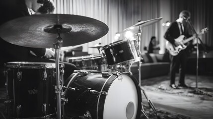 Fototapeta premium Live music performance featuring a drummer and guitarist in black and white.