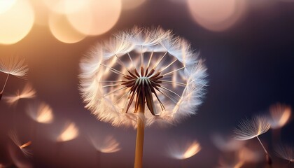 close up of a delicate dandelion seed head with soft blurred background