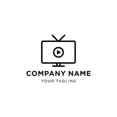Minimalist black and white logo featuring a television with an antenna and a play button icon, representing a media or entertainment company.