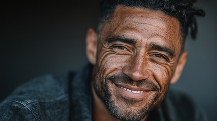 Fototapeta premium Authentic and radiant portrait of a cheerful, diverse man with dreadlocks, smiling genuinely and exuding positive energy and confidence against a soft, blurred background
