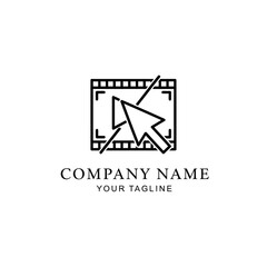 A minimalist line art logo of a mouse cursor on a film strip for a company.