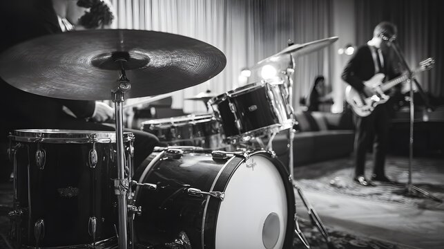 Live music performance featuring a drummer and guitarist in black and white.