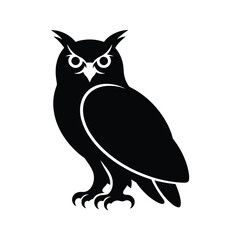 Black silhouette of an owl with wide eyes on white background
