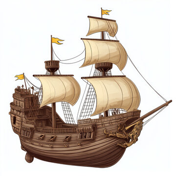 detailed pirate ship with sails and flags, intricate woodwork and design. ship features lion figurehead and is ready for adventure on high seas