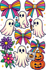 Fototapeta premium Halloween ghost set with potion, wand, card, rainbow bows, stacked pumpkins, floral accents, colorful festive vector, cute spooky decorative illustration