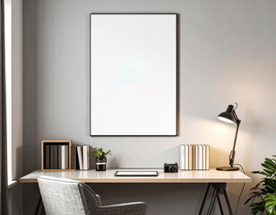 Blank white vertical canvas on cream wall in modern office