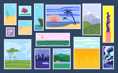 Cartoon Color Different Vintage World Travel Post Card Set Concept Flat Design Style. Vector illustration of Stickers