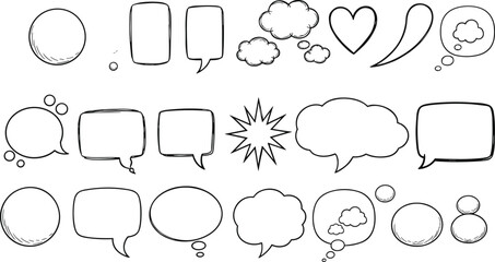 Hand-drawn speech bubbles set, comic thought cloud icons, cartoon dialogue shapes, graphic design elements, communication vector, sketch style illustration