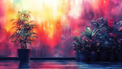 vibrant indoor scene featuring lush plants in pots against colorful abstract wall. warm hues create lively , enhancing beauty of greenery