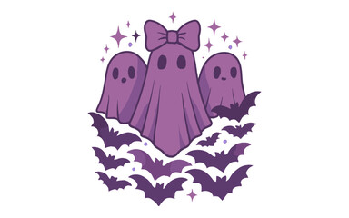 purple ghost trio with bow, flying bats, sparkling stars, whimsical spooky theme, playful Halloween vector illustration, festive cartoon character design