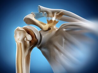 Clean anatomical illustration of acromioclavicular joint injury, complete ligament tear with displaced clavicle above acromion, precise red marker highlighting AC joint separation and shoulder trauma.