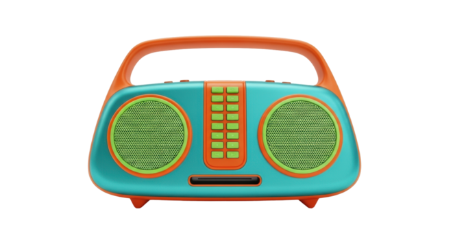 Isolated portable radio player with orange handle and two round speakers for listening music