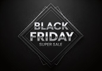 Luxurious Black Friday Super Sale banner with silver text inside a geometric diamond frame on an elegant dark background with subtle glitter