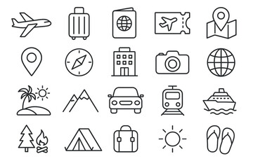 Fototapeta premium Travel and Vacation Linear Icons — Tourism, Adventure, Navigation, Luggage and Transportation