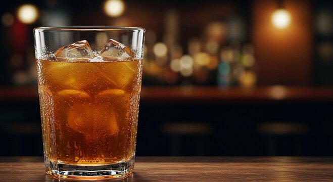 Suspicious alcoholic drink in a glass with unusual color, focus on the liquid, blurred bar background, concept of adulterated beverage