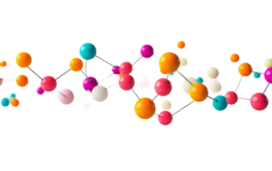 3D molecular representation showing vibrant colored atoms linked in a scientific and educational layout isolated on transparent background PNG