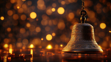 beautifully crafted bell hangs against backdrop of warm, glowing lights, creating festive . intricate details of bell shine, evoking sense of celebration and tradition