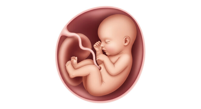 Isolated unborn fetus illustration in amniotic sac, representing pregnancy and development