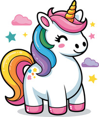 V  Smiling unicorn with rainbow mane and golden horn, surrounded by stars and clouds, cheerful fantasy vector illustration, magical children’s design