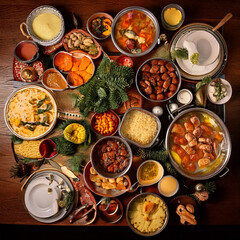 An overhead shot captures a bountiful holiday feast, featuring a variety of dishes artfully arranged on a wooden table, ready to be enjoyed.