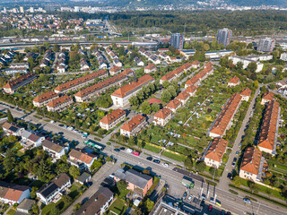 Aerial view of Freidorf Settlement - the most important Swiss housing development between the world wars and the first full cooperative in Switzerland.