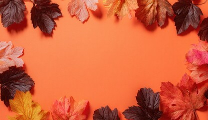 Vibrant autumnal leaves arranged in a frame against a coral background, showcasing a rich palette of fall colors.