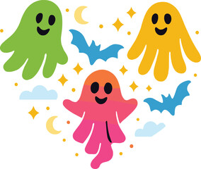 Three colorful ghosts with smiling faces, surrounded by bats, moons, stars, and clouds, playful Halloween vector illustration, festive cartoon design