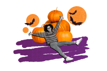 Composite photo collage of happy american girl lay pumpkin pile autumn halloween holiday bats casual cloth isolated on painted background