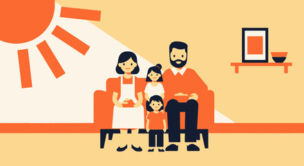 Cartoon illustration of a happy family spending time together at home during the day