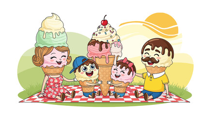 Cartoon illustration of a happy ice cream family having a picnic in a park scenery