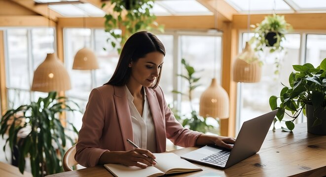 Focused Businesswoman Working on Laptop in Modern Office with Natural Light