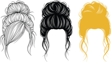 Messy bun hairstyle illustration set, elegant female updo vector drawing, trendy woman hair design collection, beauty salon fashion style graphics