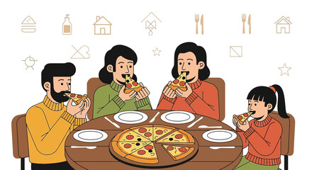 Cheerful Family Enjoying Pizza Dinner Together in a Cozy and Illustrated Setting