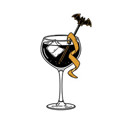 Elegant cocktail with ice, orange twist, and bat garnish for upscale adult Halloween parties