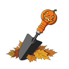 Halloween garden decoration icon with a pumpkin shovel and autumn leaves