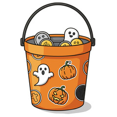 Icon for charitable "Trick-or-Treat for UNICEF" campaign with an orange bucket and decorations