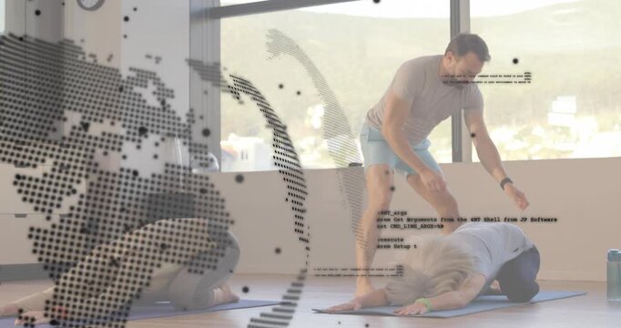 Instructor stepping up after globe overlay recedes guiding student deeper yoga pose for alignment