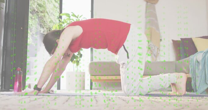 Starting downward dog woman sliding into child's pose as breath icon overlaying smartwatch for calm