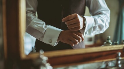 Man adjusting his cufflink in front of a mirror