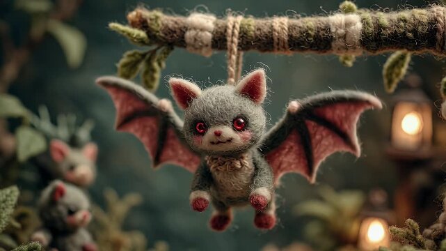 Adorable felt bat puppet hanging on branch in artisanal craft display