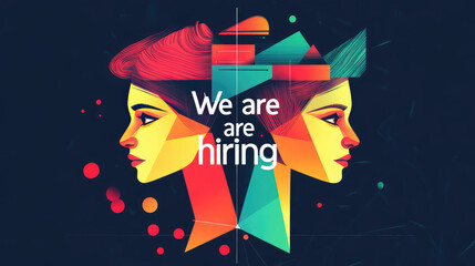 We are hiring with vibrant and modern design featuring two abstract faces. colorful geometric shapes create dynamic visual appeal, attracting attention to job opportunity