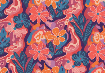 Obraz premium Vibrant retro floral pattern brings a playful, organic feel to modern design projects, perfect for textiles and branding.