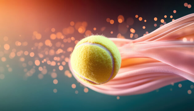 vibrant tennis ball motion, surrounded by flowing fabric and sparkling lights, creates dynamic and energetic scene. bright yellow ball contrasts beautifully with soft colors, evoking excitement