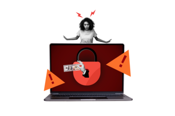 Composite photo collage of astonished american girl macbook problem lock antivirus hand hold bribe money isolated on painted background