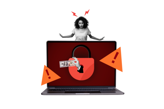 Composite photo collage of astonished american girl macbook problem lock antivirus hand hold bribe money isolated on painted background