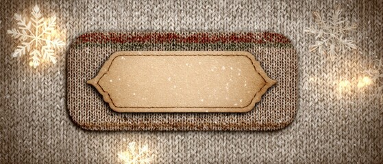 A cozy winter-themed banner featuring a knitted texture border with snowflakes, showcasing a brown label on a matching brown background.